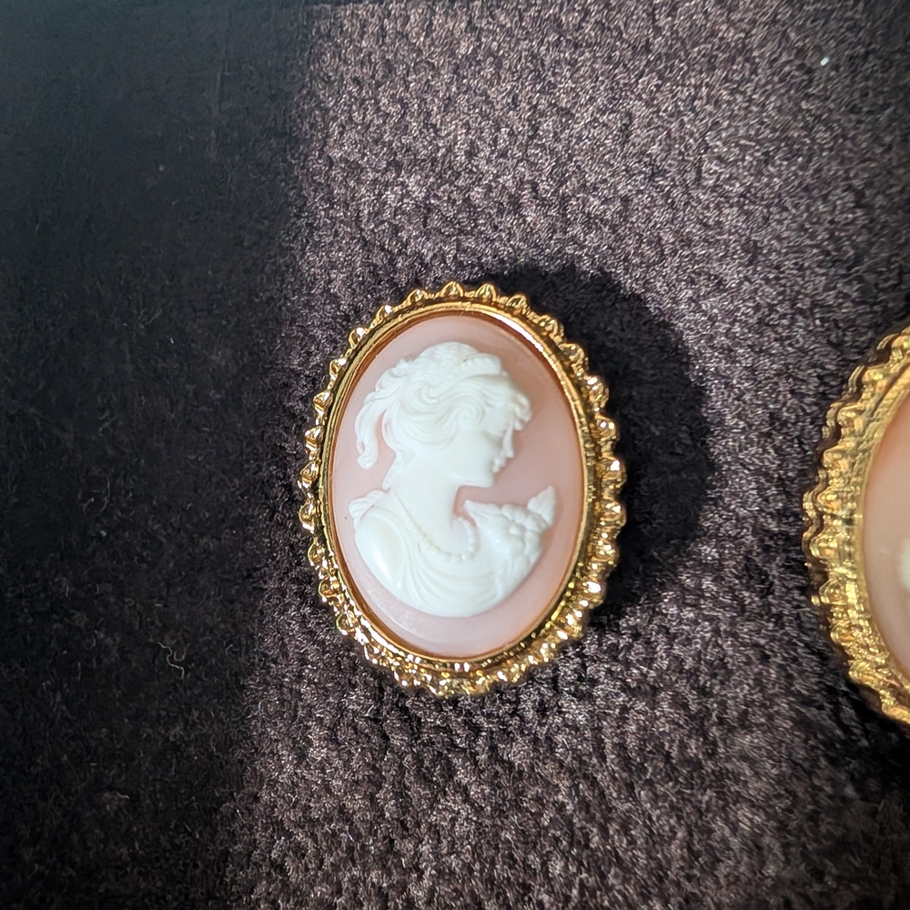Gold and Pink Cameo Earrings